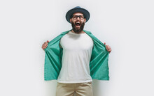 Young Bearded Hipster Guy Wearing White Blank T Shirt With Copy Space For Your Text Or Logo. Mockup For Design