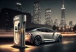 illustration, of electric car in battery charging area, image generated by AI