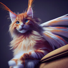 Cute Fantasy Long Haired Orange Calico Cat With Feathery Wings And Tufted Ears