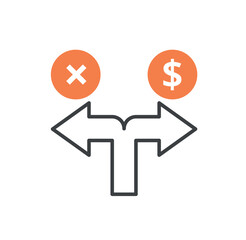 Poster - Financial directions icon. Two arrows with dollar sign and cross, metaphor of choice. Financial literacy and passive income. Business, Entrepreneurship and Investment. Cartoon flat vector illustration