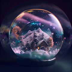 Surreal snow mountain landscape inside a glass ball.