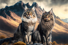 Two Maine Coon Cats Bathing In The Sunset Light. Generative AI
