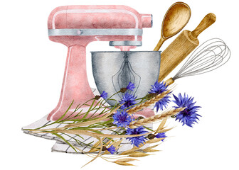 Watercolor mixer for cooking with a composition of flowers and kitchen utensils - a rolling pin for dough, a whisk for whipping, a spoon. High quality photo