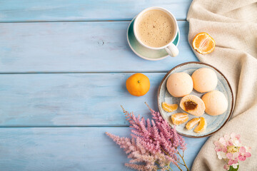 Japanese rice sweet buns mochi filled with tangerine jam on a blue wooden. top view, copy space.