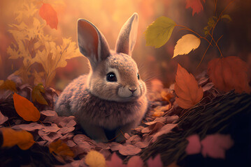 Wall Mural - Cute bunny siting on the orange leaves in the forest