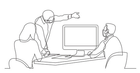 Wall Mural - continuous line drawing vector illustration with FULLY EDITABLE STROKE - business team members discussing work process wearing face mask