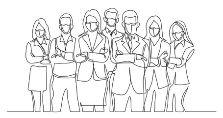 Wall Mural - continuous line drawing vector illustration with FULLY EDITABLE STROKE - business team standing with crossed arms wearing face mask