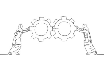 Wall Mural - Illustration of muslim businesswoman pushing gears wheel concept of business team work. Continuous line art style