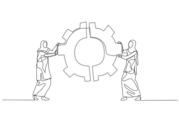 Wall Mural - Drawing of muslim businesswoman with team colleagues connecting cogwheel gear together concept of integration partnership. One line style art