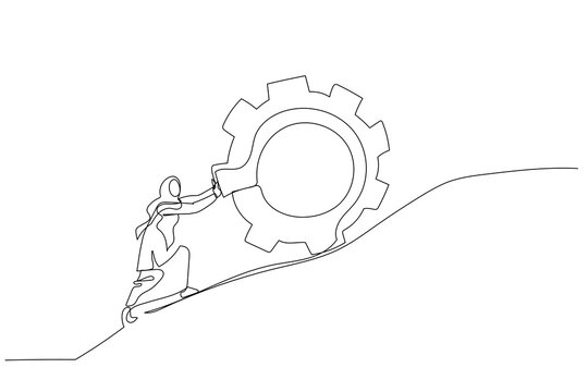 Cartoon of muslim businesswoman pushing gear to the top metaphor of persistence and hard work. Single line art style