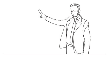 Wall Mural - continuous line drawing vector illustration with FULLY EDITABLE STROKE - standing businessman presenter showing at screen wearing face mask