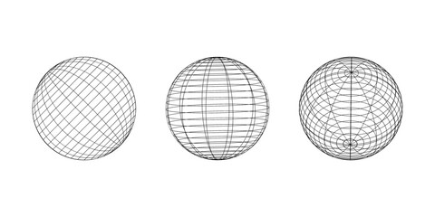 Poster - Wireframe spheres in different angles. Globe grid frame elements set. Geometric round net. Outline graphic design collection.