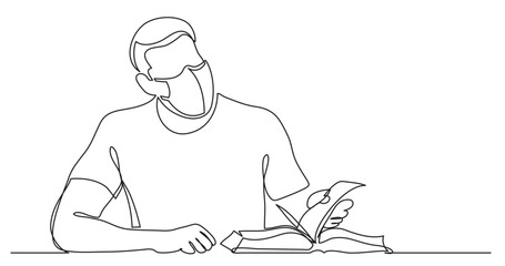 Poster - continuous line drawing vector illustration with FULLY EDITABLE STROKE - young  man sitting reading book wearing face mask