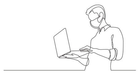 Poster - continuous line man standing man watching laptop computer wearing face mask