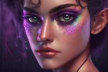 Fantasy Elf Portrait, Glamor Profile Of A White Rainbow Fey Woman With Huge Eyes, Closeup Beauty Influencer Face, Fairy Magic. Gnerative AI. 