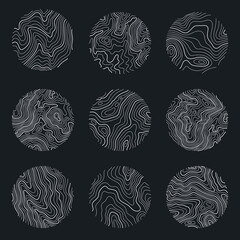 Set rings of topographic line map. Wood rings, vector line circle of outdoor concept. Outline pattern for outdoor logo templates. Contours of tree, concepts for expedition logotype.