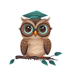 Cute cartoon owl graduation cap vector funny animal. Vector illustration. Smart wise character in glasses, kids print bird card