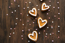 Glazed Heart Shaped Cookies For Valentine's Day. Delicious Homemade Natural Organic Pastry, Baking With Love For Valentine's Day. Love Concept For Mother's Day Or Valentine's Day.