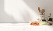 © Sue Tansirimas - Clean, minimal white marble kitchen countertop with cooking ingredients, tomato, asparagus, bowl in morning sunlight on white square tile wall for cooking, food, drink, kitchenware product display 3D