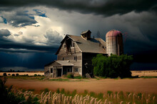 Abandoned Farm House On The Great Plains With Storm Clouds Moving In; Generative AI.