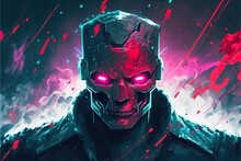 Futuristic Cyberpunk Villain In A Red Skull Mask