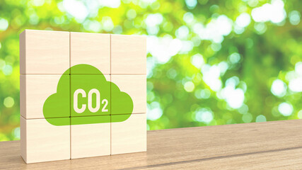 The co2 icon  on wood cube for environmental concept 3d rendering