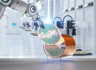 Wall Mural - Semiconductor manufacturing with robotic arms with silicon wafers