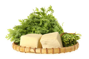 Poster - edible chrysanthemum and tofu on white background