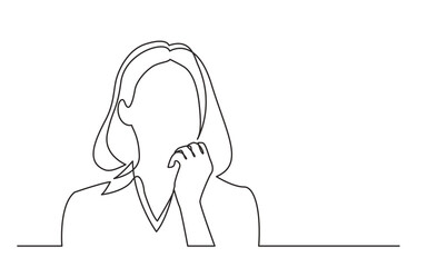 Poster - continuous line drawing vector illustration with FULLY EDITABLE STROKE of woman thinking about problems