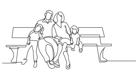 Poster - continuous line drawing vector illustration with FULLY EDITABLE STROKE - of family of four sitting on park bench