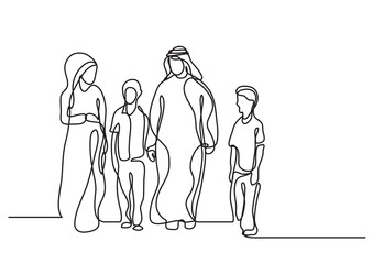 Fototapete - continuous line drawing vector illustration with FULLY EDITABLE STROKE of single line drawing traditional arab family