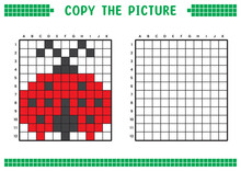Copy The Picture, Complete The Grid Image. Educational Worksheets Drawing With Squares, Coloring Cell Areas. Children's Preschool Activities. Cartoon Vector, Pixel Art. Red Ladybug Illustration.