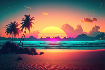 Wall Mural - silhouette palm tree with sun sand and beach retro tone color background. summer vacation concept.