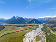 Beautiful high angle aerial view of Rees River, Mount Earnslaw and the Glenorchy-Paradise Road near Glenorchy, Lake Wakatipu and Queenstown, South Island, New Zealand. Popular tourist destination.