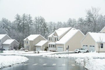 Poster - houses in residential community after snow in winter 