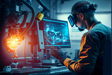 Wall Mural - Industry 4.0 Robot concept .Engineers use tablet computer for machine maintenance, automation tools, robot arm at the factory.