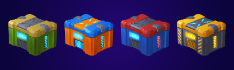 Poster - Game futuristic boxes, future technology chests. Icons of sci-fi equipment, loot boxes with electronic lock and display with neon light, vector cartoon illustration isolated on background
