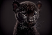 Portrait Of A Black Baby Panther On A Black Background. Generative Ai
