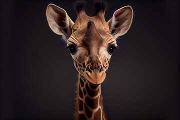 Wall Mural - Portrait of a baby giraffe on a black background. generative ai