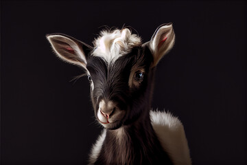 Wall Mural - Portrait of a baby goat on a black background. generative ai