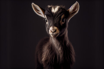 Wall Mural - Portrait of a baby goat on a black background. generative ai