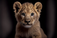 Portrait Of A Baby Lion On A Black Background. Generative Ai