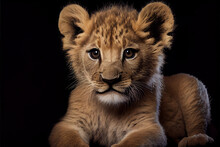 Portrait Of A Baby Lion On A Black Background. Generative Ai