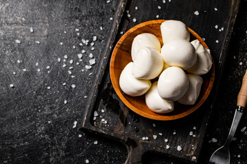 Poster - Mozzarella cheese on a cutting board with salt.