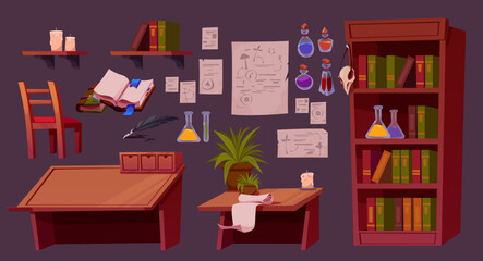 cartoon set of furniture for alchemist room interior design. vector illustration of wooden desk, cha
