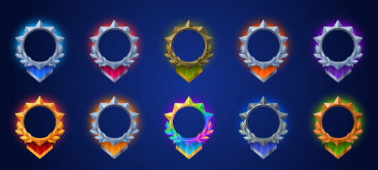 Poster - game avatar frames with fantasy medieval borders with laurel, pennants and glow. empty circle golden