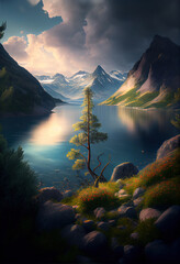 Wall Mural - The hills by the lake are full of trees and lush vegetation with soft fluffy epic clouds.