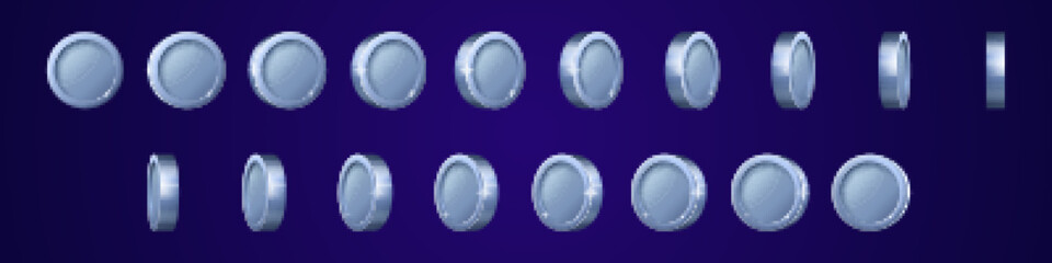 Poster - Silver coins turn around set for video game animation. Icons, game items of money, trophy, award, treasure, cash. Sprite sheet with metal coins rotate, vector cartoon illustration