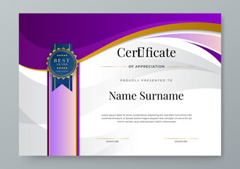 modern certificate template design. certificate of achievement layout with gold magenta border and l