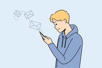 Happy young man use modern cellphone texting online. Smiling guy look at smartphone screen sending email or message on internet. Vector illustration. 